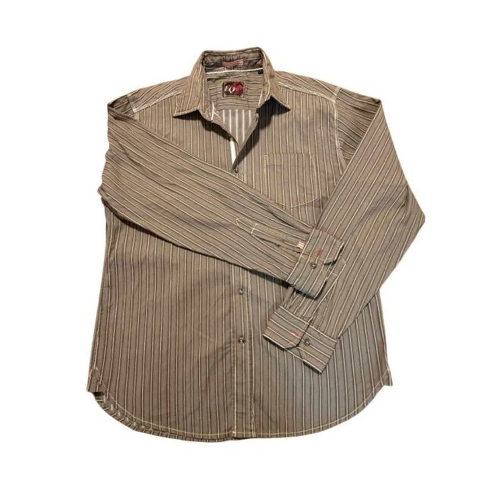 Equilibrio EQ Rooster Men Long Sleeve Striped Button Down Shirt Brown Tan Large
